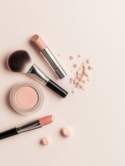 Wall Mural - A neat collection of makeup products including lipstick, brushes, and powder showcases a minimalist aesthetic on a light backdrop. Generative AI