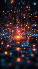 Fototapete - Image showcases a futuristic digital landscape with glowing orange and blue lights forming network connections and vertical light trails