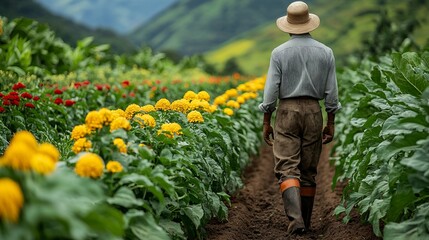 Wall Mural - Person wearing a hat and rubber boots is walking through a colorful, vibrant flower field in a lush landscape