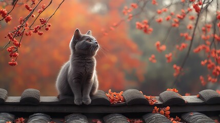 Grey cat sits on a tiled roof, surrounded by red flowers, with an autumnal background featuring vibrant orange leaves