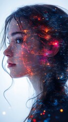 Wall Mural - Woman's profile superimposed with vibrant, illuminated cityscape elements, creating a futuristic, surreal blend of human and technology