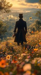 Wall Mural - Person in a top hat stands in a colorful flower field, gazing at a golden sunset with butterflies around