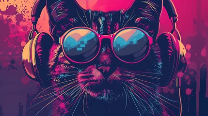 Sticker - A stylized cat wearing sunglasses and headphones against a vibrant, colorful background.