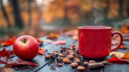 Steaming red mug sits beside a red apple, surrounded by leaves, nuts, and spices on a wooden table