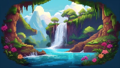 Wall Mural - Pixelated Pixel Art Waterfall Scene - a lush forest scene featuring a cascading waterfall, with trees. Game design asset. Graphic art 8 bit illustration