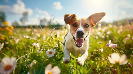 Poster - A happy dog running through a colorful flower field on a sunny day.