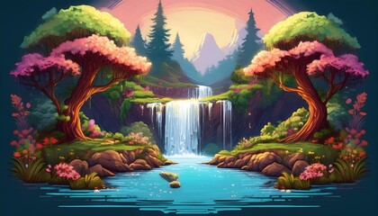 Wall Mural - Pixelated Pixel Art Waterfall Scene - a lush forest scene featuring a cascading waterfall, with trees. Game design asset. Graphic art 8 bit illustration background