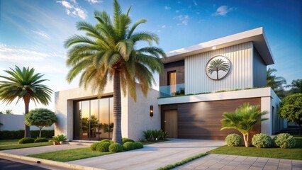 Serenene tropical landscape featuring a stately palm tree standing tall in front of a modern minimalist home with a stylized logo embedded on the facade.