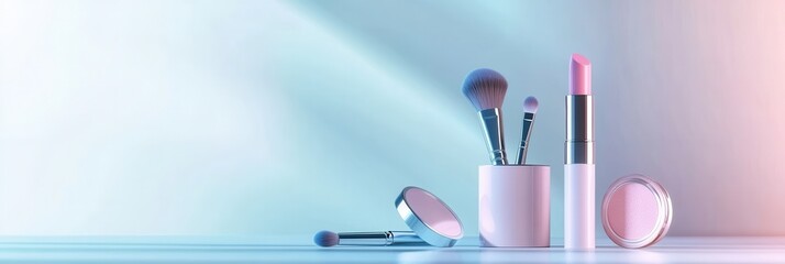 Fototapete - The arrangement showcases minimalist cosmetic essentials like lipstick, makeup brushes, and powder on a soft light backdrop. Generative AI