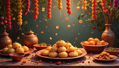 A festive scene with a traditional sweet spread on a wooden table surrounded by colorful Makar Sankranti decorations