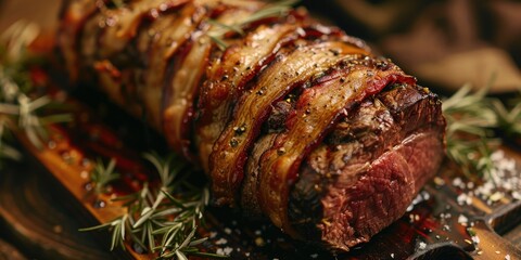 Poster - Close up of succulent beef tenderloin steak wrapped in bacon