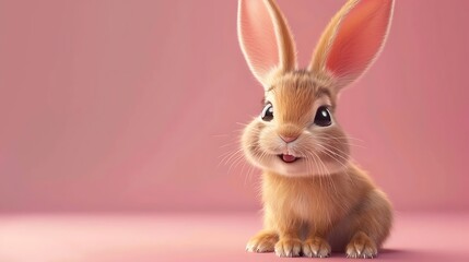 Poster - A cute cartoon rabbit with big ears and expressive eyes, sitting on a pink background.