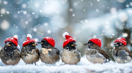 Canvas Print - A group of birds wearing Santa hats standing on snow, creating a festive winter scene.