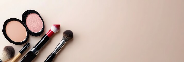Poster - A neat arrangement of cosmetics including lipstick, makeup brushes, and powder rests on a light surface, highlighting a beauty routine. Generative AI