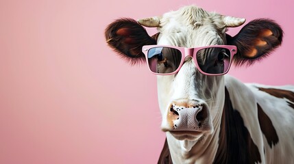 Sticker - A cow wearing pink sunglasses against a pastel background, exuding a playful and trendy vibe.