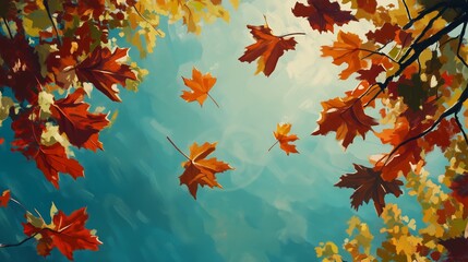 Wall Mural - Colorful autumn leaves falling gently against a clear blue sky in a serene setting during the peak of fall season