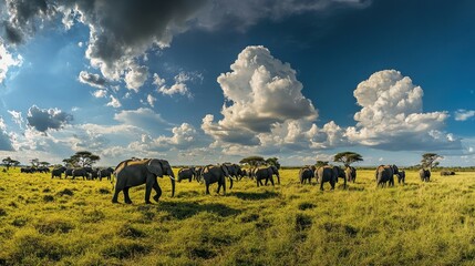 Poster - A herd of African elephants walking through a grassy savanna under a cloudy sky.