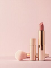 Wall Mural - A stylish display of essential cosmetics includes lipstick, makeup brushes, and powder arranged on a light pastel background. Generative AI