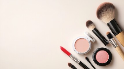 Poster - A selection of cosmetic essentials like lipstick, various brushes, and powder is neatly displayed on a light backdrop. Generative AI