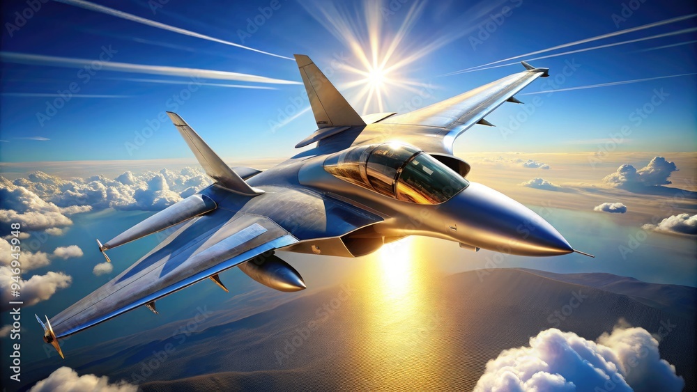Sleek, powerful fighter jet soars through clear blue sky, its metallic ...
