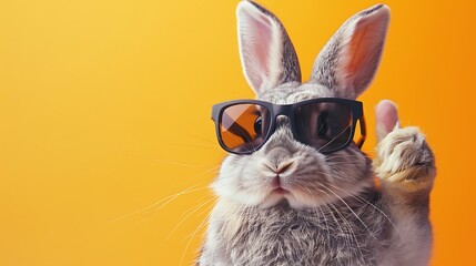 Poster - A cool rabbit wearing sunglasses gives a thumbs-up against a vibrant orange background.