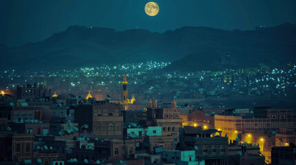 Wall Mural - amazing view of Sanaa city of Yemen , night , Moon 