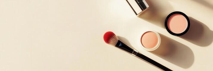 Poster - Cosmetic products including lipstick, powder, and brushes are arranged neatly on a light surface, creating a clean beauty aesthetic. Generative AI