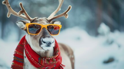 Canvas Print - A reindeer wearing orange sunglasses and a red scarf stands in a snowy landscape.