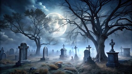 Spooky graveyard scene with crumbling tombstones, twisted bare trees, and mist-shrouded fog rolling in beneath a full moon on a dark, eerie Halloween night.