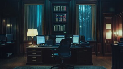 Canvas Print - Dark Office with Multiple Computer Monitors and a Desk Lamp