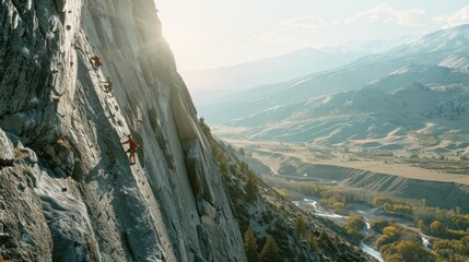 Climbers ascending rock face on sunny day in the mountains