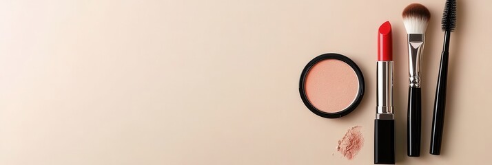 Poster - A simple arrangement of lipstick, makeup brushes, and powder set against a light background highlights beauty essentials. Generative AI