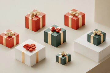 Aufkleber - Colorful gift boxes are arranged in geometric shapes, adorned with bright ribbons and bows, perfect for minimalist holiday decor. Generative AI