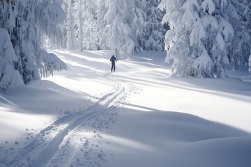 Poster - A lone skier glides through fresh snow in a tranquil winter forest at midday under bright sunlight