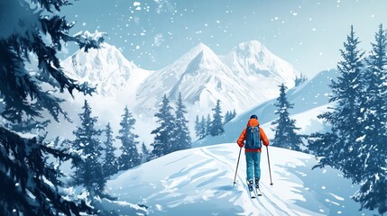 Canvas Print - Skier enjoying a snowy mountain trail surrounded by evergreen trees on a winter day with snowfall in the background