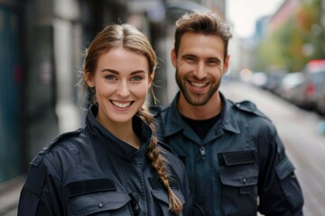 Team, security guard or safety officer portrait on the street for protection, patrol or watch. Law enforcement, smile and duty with a crime prevention unit man and woman in uniform in the city