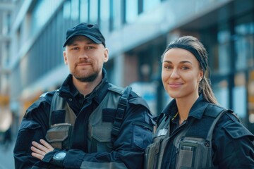 Team, security guard or safety officer portrait on the street for protection, patrol or watch. Law enforcement, smile and duty with a crime prevention unit man and woman in uniform in the city