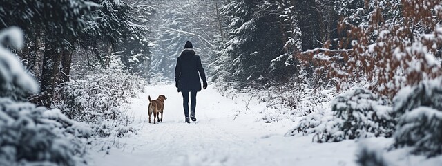 Sticker - A person walks a dog along a snowy forest path during winter, surrounded by tall trees and a serene landscape