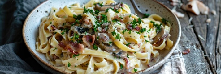 Wall Mural - Creamy Pasta with Savory Mushrooms and Bacon in a Rich Truffle Sauce