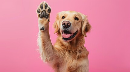 Poster - A cheerful golden retriever raises its paw against a pink background, exuding friendliness and playfulness.