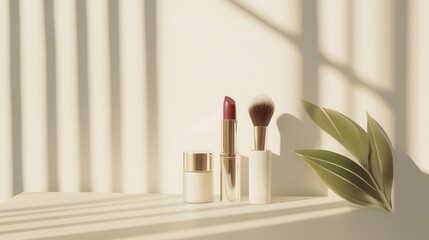 Aufkleber - Cosmetic products including lipstick, brushes, and powder are stylishly arranged on a light surface, enhanced by soft natural lighting. Generative AI