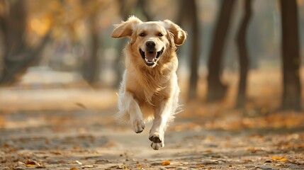 Poster - A joyful golden retriever runs through a park filled with autumn leaves, embodying happiness and freedom.