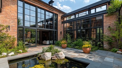 Wall Mural - Modern Brick House with Glass Walls and Courtyard