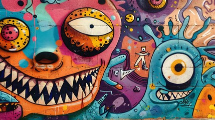 A vibrant mural featuring colorful, abstract creatures with exaggerated features and playful designs.