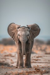 Poster - Young elephant standing in open field, great for wildlife or conservation themes
