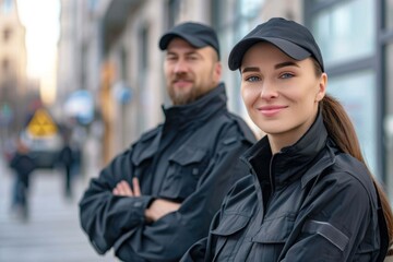 team, security guard or safety officer portrait on the street for protection, patrol or watch. law e