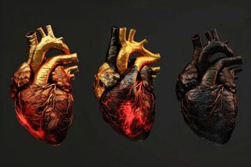 Three human heart models on a black background