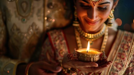 Wall Mural - A woman holds a lit candle in her hands, symbolizing hope and guidance