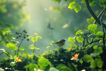 Aufkleber - A small bird perched on the top of a dense green tree, surrounded by foliage and branches