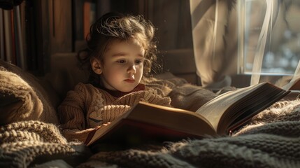 Poster - A young child sits comfortably on her bed, engrossed in a book